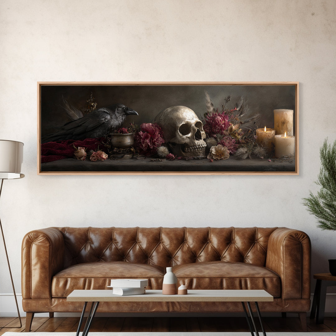 Baroque Skull and Red Velvet Vanitas Framed Canvas Print, Dark Art, Gothic Art, Living Room Decor, Oil Painting, Nocturne, DAR-3x1-74