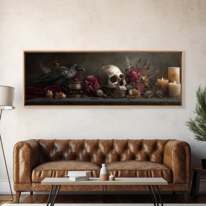Baroque Skull and Red Velvet Vanitas Framed Canvas Print, Dark Art, Gothic Art, Living Room Decor, Oil Painting, Nocturne, DAR-3x1-74