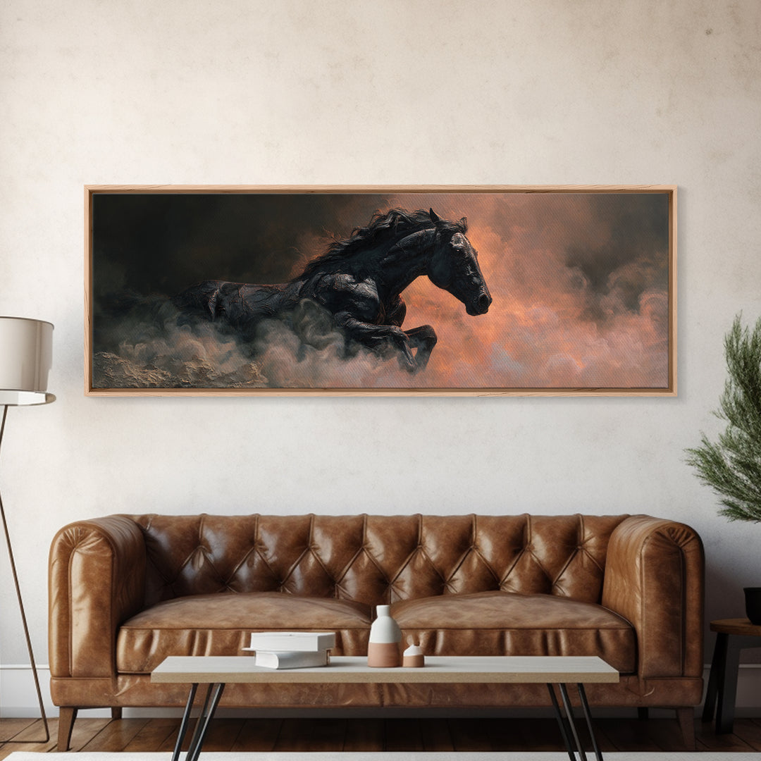 Black Horse Emerging from Smoke Canvas Print, Dark Art, Dark Academia, Living Room Decor, Fine Art, Nocturne, Horror Decor, DAR-3x1-83