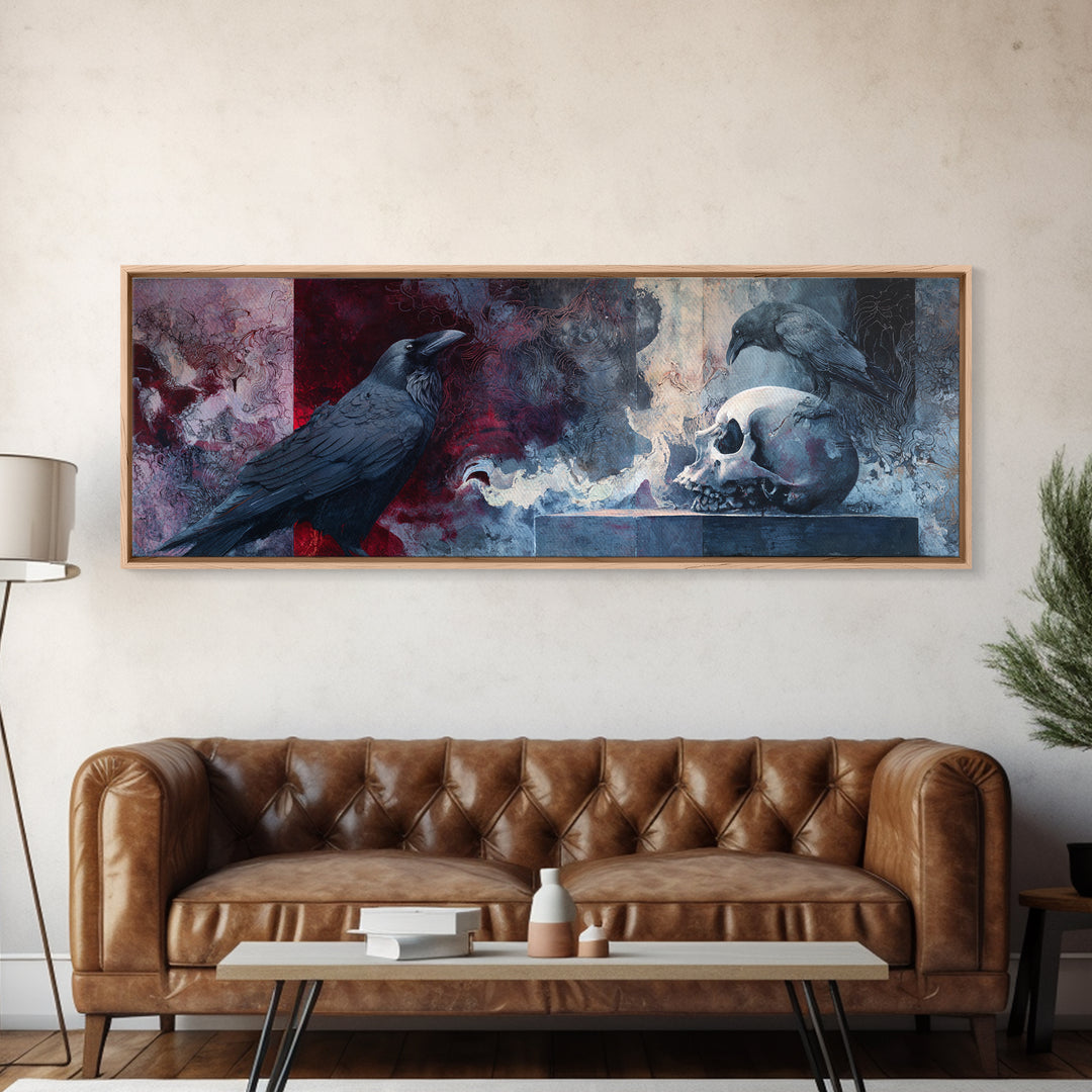 Raven Perched on a Skull Framed Canvas Print, Dark Art, Boho Decor, Living Room Decor, Oil Painting, Nocturne, Art Print, DAR-3x1-89