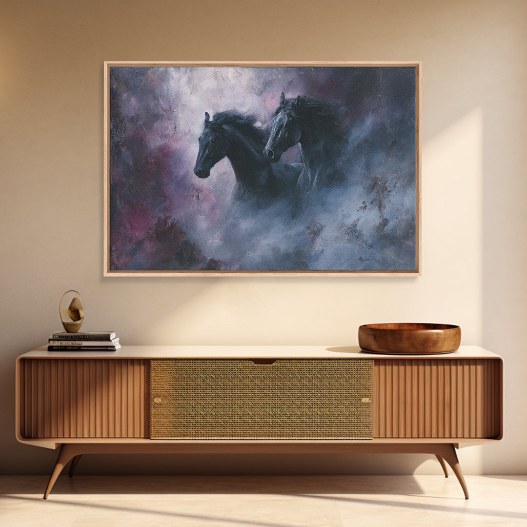 Black Horse Emerging from Smoke Framed Canvas Print, Dark Art, Weird Art, Living Room Decor, Fine Art, Nocturne, DAR-3x2-23