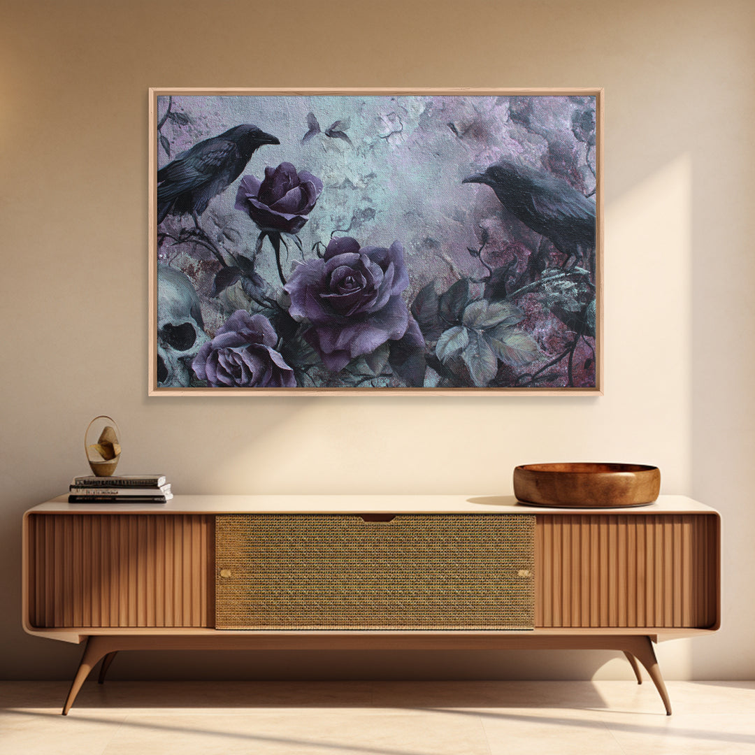 Black Roses Blooming from Cracked Stone Canvas Print, Dark Art, Horror Decor, Living Room Decor, Nocturne, Statement Artwork, DAR-3x2-30