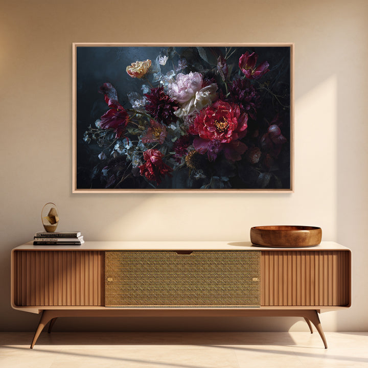 Dark Floral Bouquet Framed Canvas Print, Dark Art, Gallery Decor, Living Room Decor, Fine Art, Nocturne, Wall Art, Home Decor, DAR-3x2-45