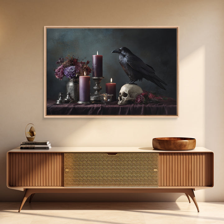 Raven Perched on a Skull Framed Canvas Print, Dark Art, Weird Art, Living Room Decor, Fine Art, Nocturne, Textured Painting, DAR-3x2-5