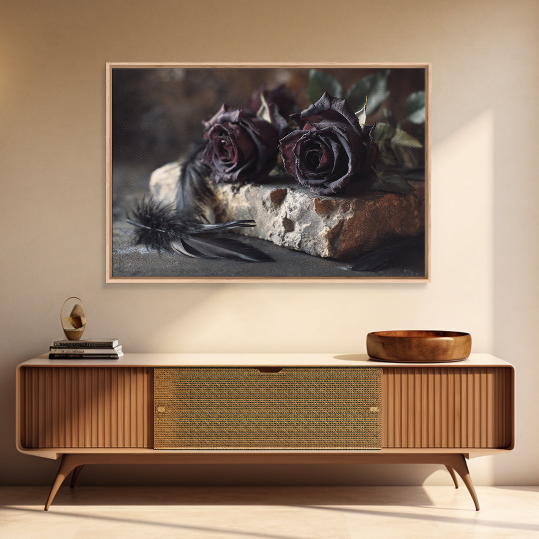Black Roses Blooming from Cracked Stone Framed Canvas Print, Dark Art, Watercolor Painting, Living Room Decor, Nocturne, DAR-3x2-6