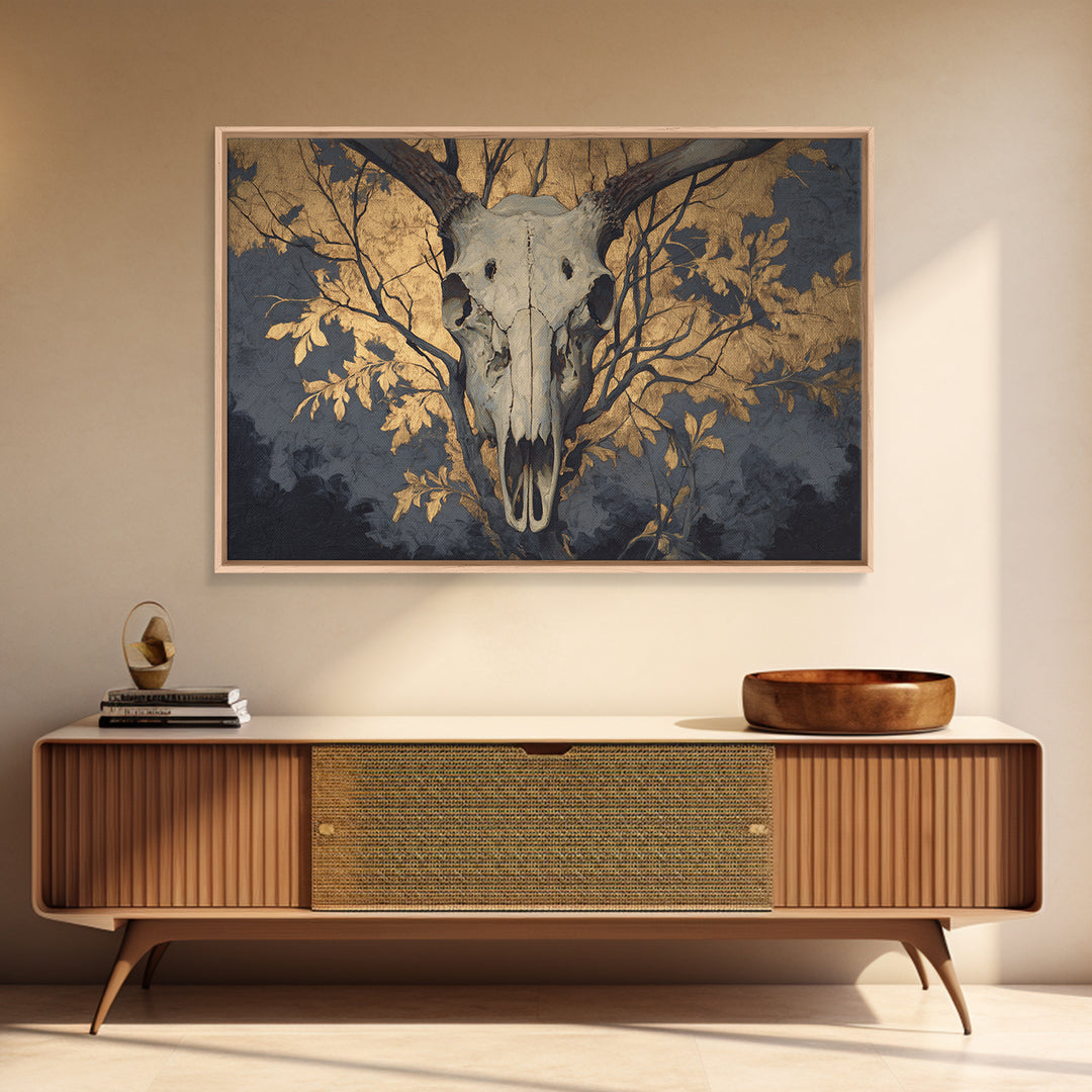 Shadowy Deer Skull Framed Canvas Print, Dark Art, Horror Decor, Living Room Decor, Oil Painting, Nocturne, Statement Artwork, DAR-3x2-63