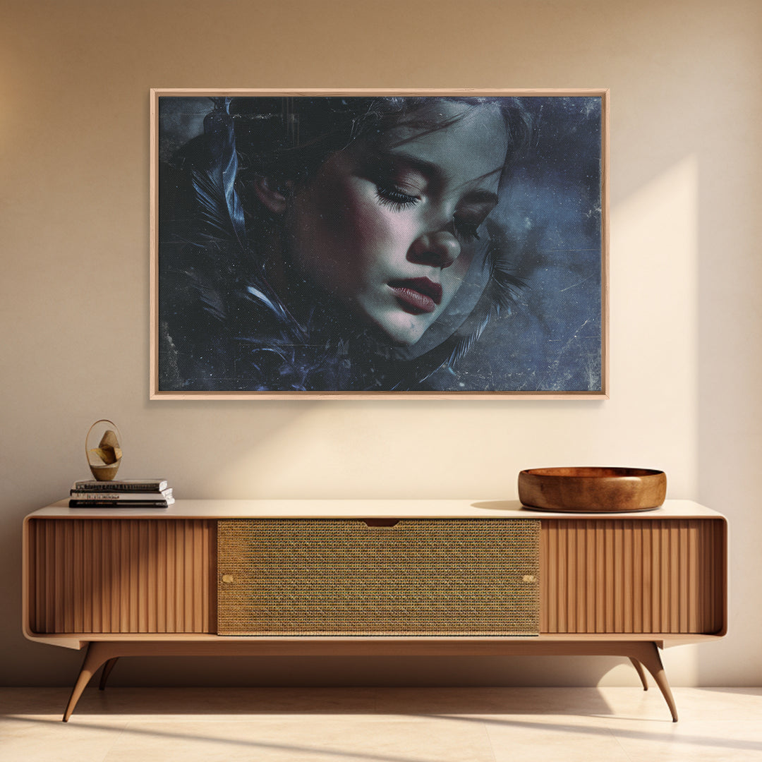 Silent Graveyard with Blue Moon Haze Framed Canvas Print, Dark Art, Unique Wall Decor, Living Room Decor, Fine Art, Nocturne, DAR-3x2-70