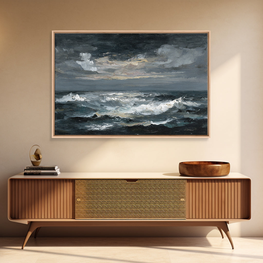 Stormy Sea under a Nearly Black Sky Framed Canvas Print, Dark Art, Fine Art Print, Living Room Decor, Fine Art, Nocturne, DAR-3x2-81