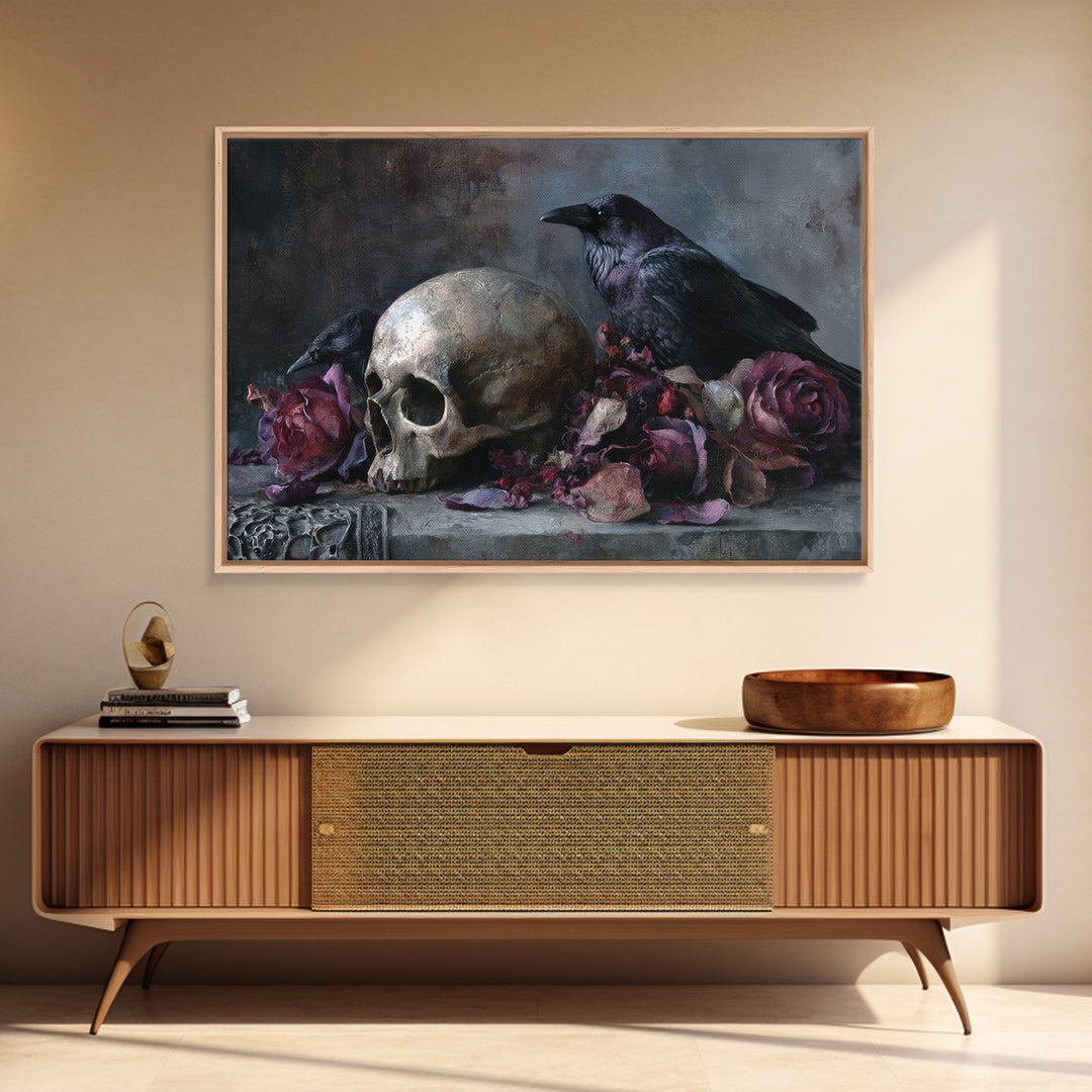 Baroque Skull and Red Velvet Vanitas Framed Canvas Print, Dark Art, Man Cave Decor, Living Room Decor, Fine Art, Nocturne, DAR-3x2-86