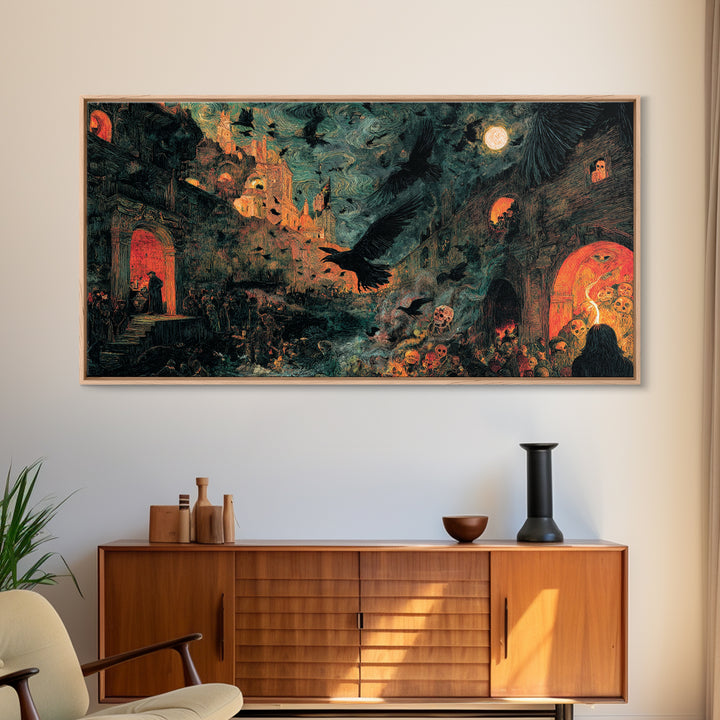 Ravens And Ruins, Grotesque Carnival Art, Wide Panoramic Art, Gothic Horror Wall Art, Framed Canvas Print, Halloween Wall Art
