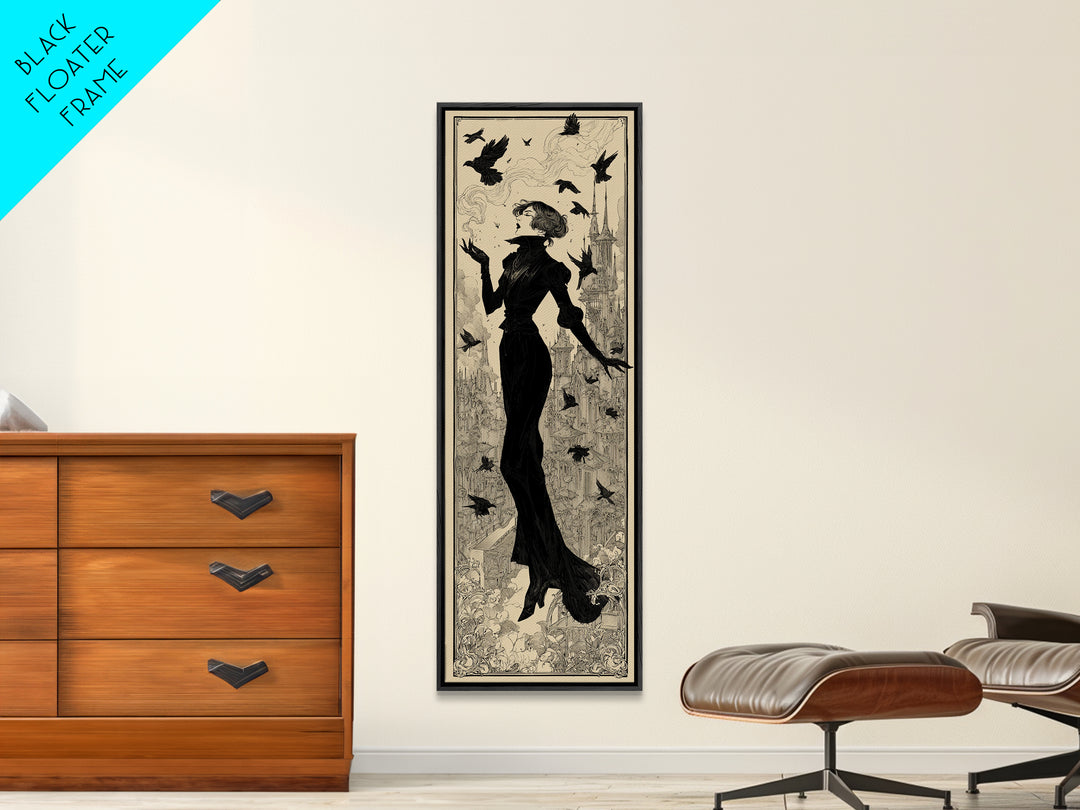 Ravens And Ruins, Decadent Line Art, Tall Narrow Wall Art, Dark Fantasy Wall Art, Framed Canvas Print, Halloween Wall Art