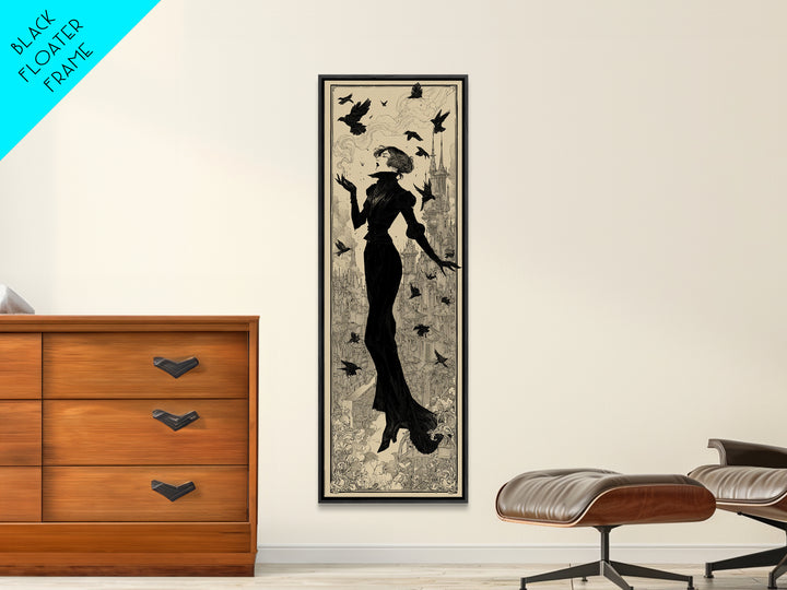 Ravens And Ruins, Decadent Line Art, Tall Narrow Wall Art, Dark Fantasy Wall Art, Framed Canvas Print, Halloween Wall Art