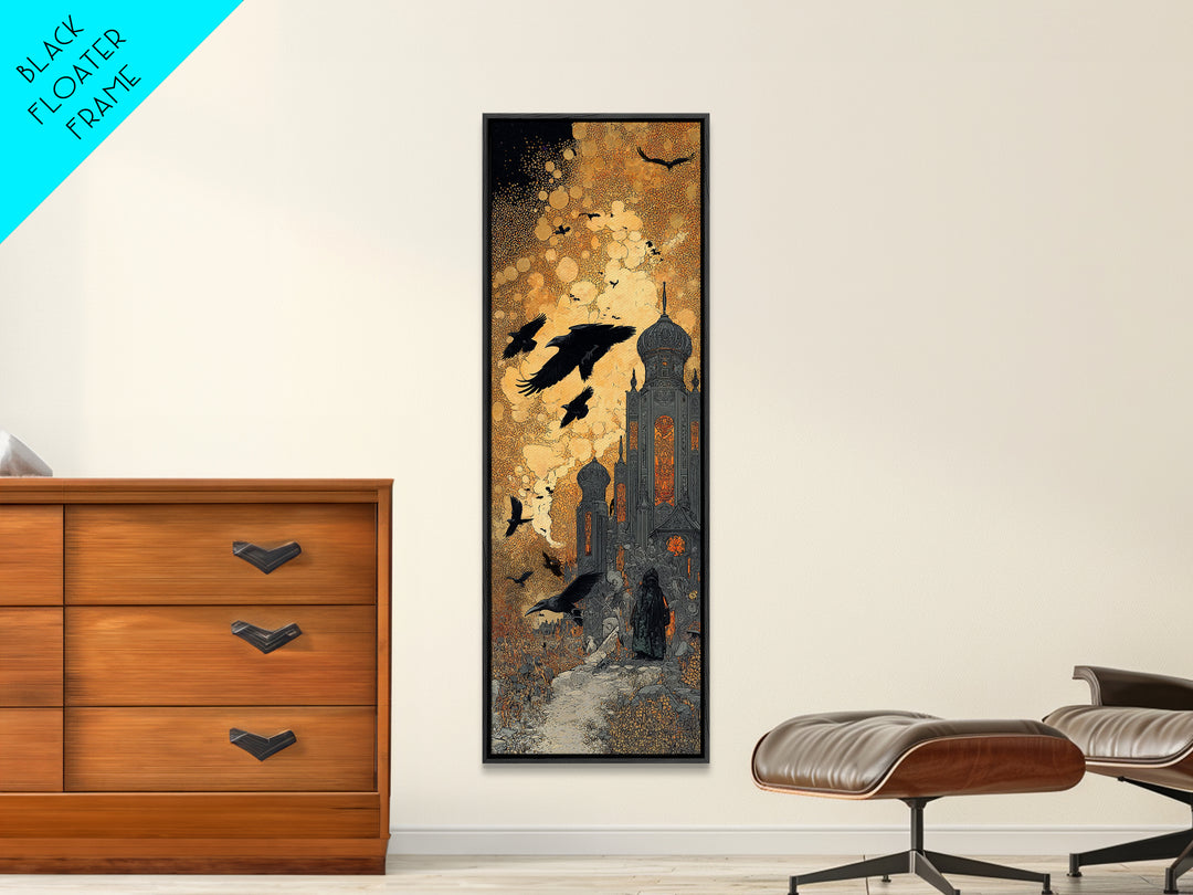 Ravens And Ruins, Stained Glass Gothic Art, Tall Narrow Wall Art, Dark Fantasy Wall Art, Canvas Print, Halloween Wall Art
