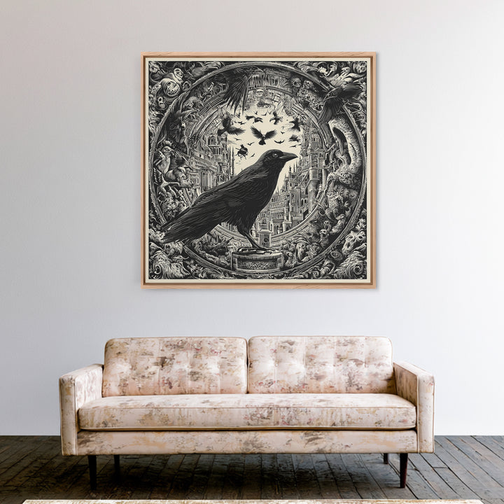 Ravens And Ruins, Macabre Folk Print Art, Square Wall Art, Dark Fantasy Wall Art, Canvas Print, Halloween Wall Art