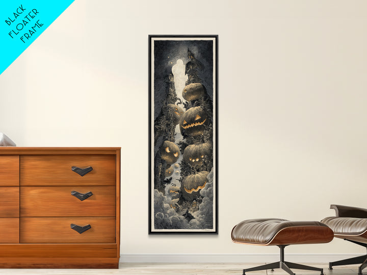 Pumpkins And Moon Phases, Gothic Engraving Art, Tall Narrow Wall Art, Macabre Wall Art, Canvas Print, Halloween Wall Art