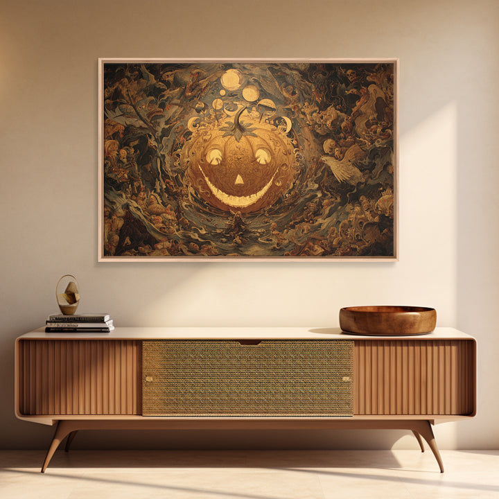 Pumpkins And Moon Phases, Medieval Grotesque Art, Landscape Wall Art, Macabre Wall Art, Framed Canvas Print, Halloween Wall Art
