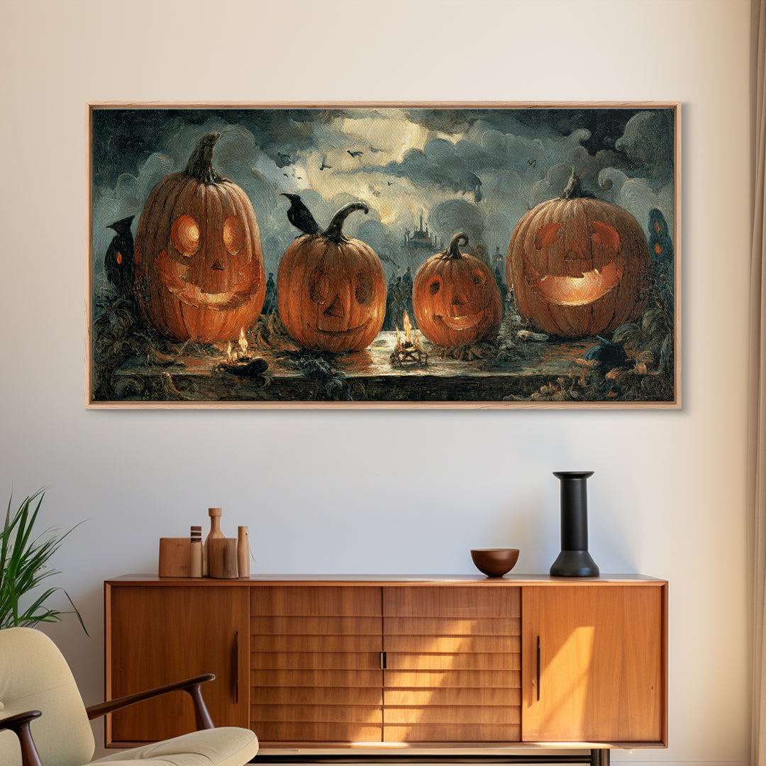 Pumpkins And Moon Phases, Northern Renaissance Horror, Wide Panoramic Art, Dark Halloween Decor, Framed Canvas Print
