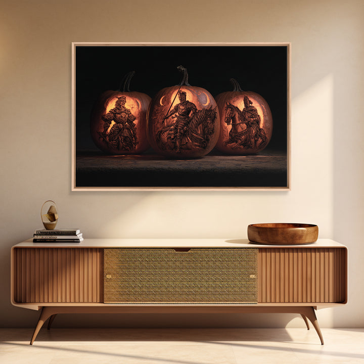 Pumpkins And Moon Phases, Renaissance Engraving Art, Landscape Wall Art, Macabre Wall Art, Framed Canvas Print, Halloween Wall Art