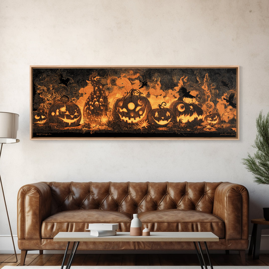 Pumpkins And Moon Phases, Dark Romantic Horror Art, Extra Wide Wall Art, Dark Halloween Decor, Canvas Print, Halloween Wall Art