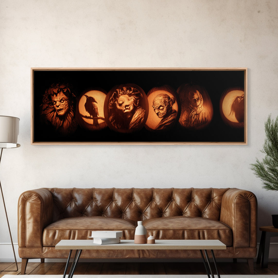 Pumpkins And Moon Phases, Gothic Nightmare Art, Extra Wide Wall Art, Macabre Wall Art, Canvas Print, Halloween Wall Art