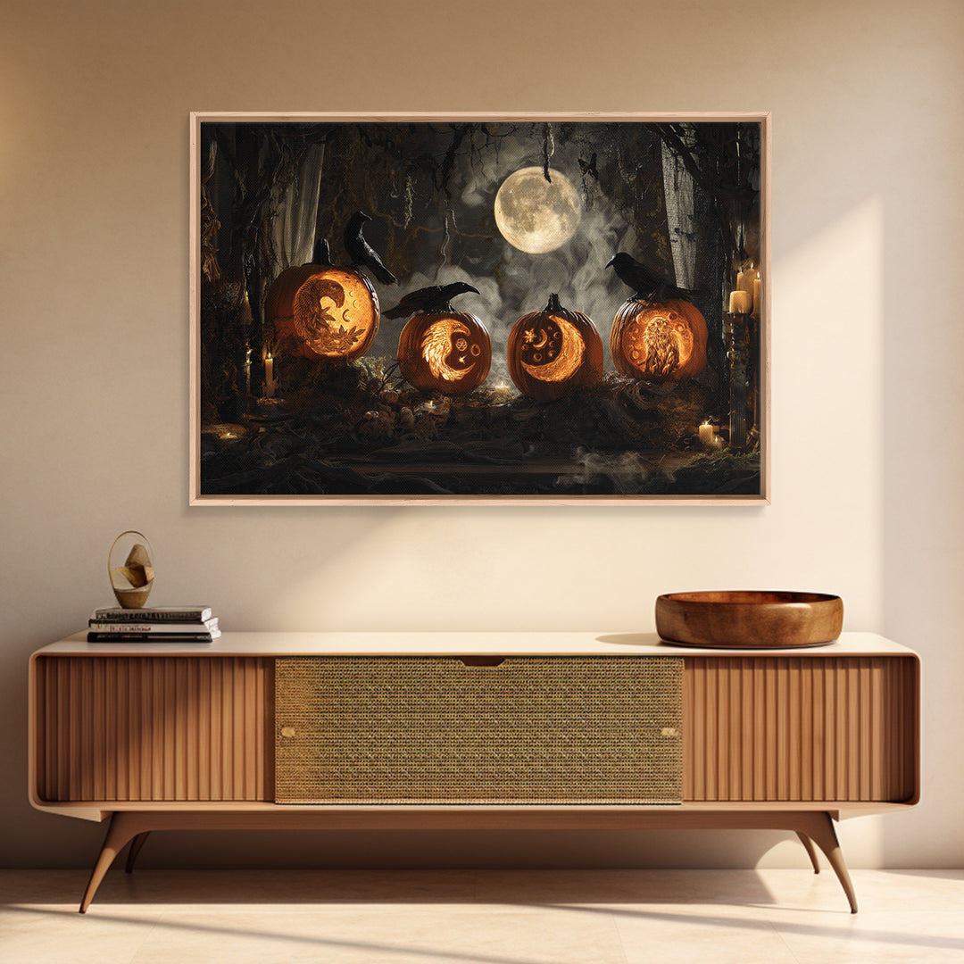 Pumpkins And Moon Phases, Visionary Gothic Art, Landscape Wall Art, Dark Halloween Decor, Framed Canvas Print, Halloween Wall Art