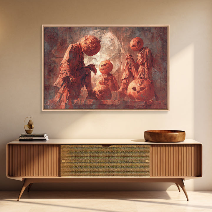Pumpkins And Moon Phases, Architectural Etching Art, Landscape Wall Art, Gothic Horror Wall Art, Framed Canvas Print