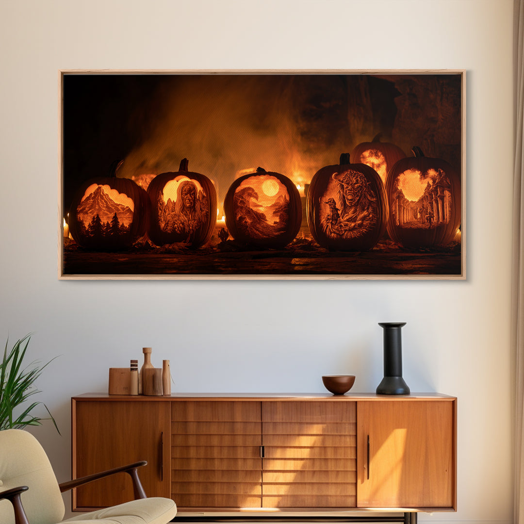 Pumpkins And Moon Phases, Apocalyptic Romantic Art, Wide Panoramic Art, Gothic Horror Wall Art, Framed Canvas Print, Halloween Wall Art