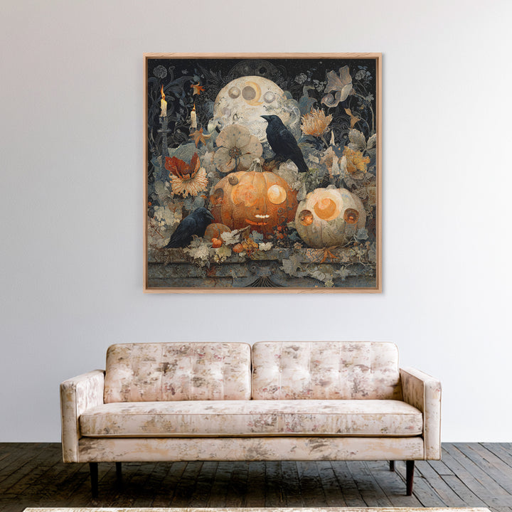 Pumpkins And Moon Phases, Symbolist Dream Art, Square Wall Art, Dark Halloween Decor, Framed Canvas Print, Halloween Wall Art