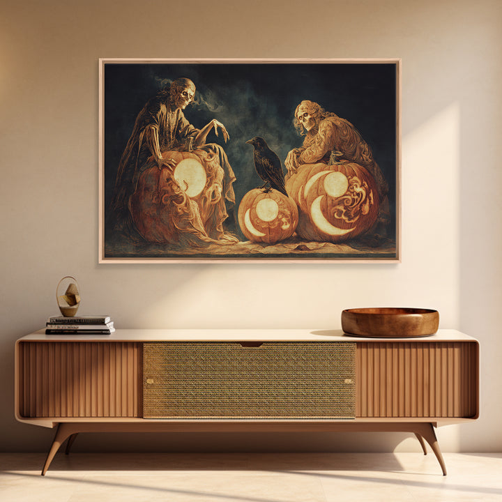 Pumpkins And Moon Phases, Decadent Gothic Art, Landscape Wall Art, Dark Fantasy Wall Art, Canvas Print, Halloween Wall Art