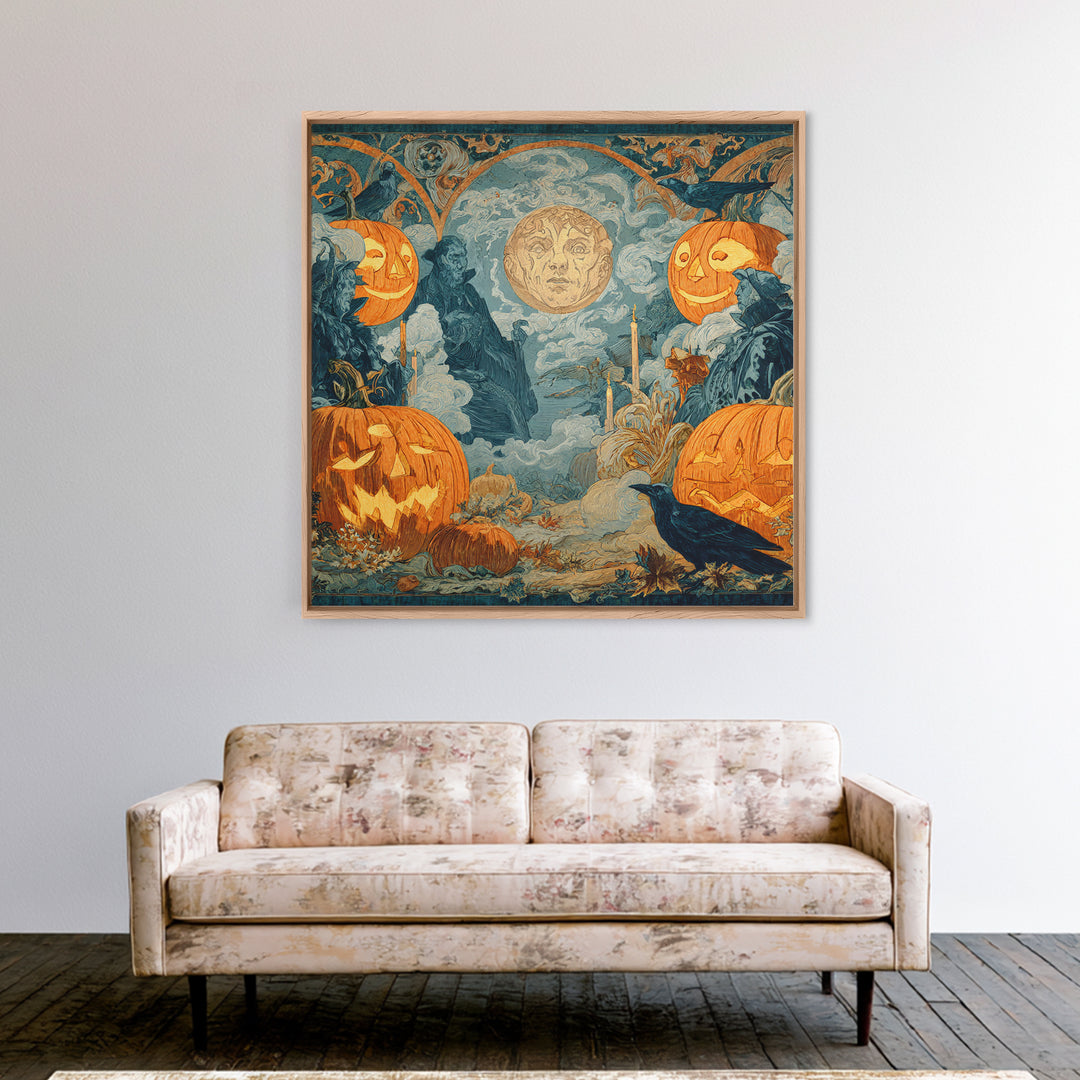 Pumpkins And Moon Phases, Symbolist Etching Art, Square Wall Art, Dark Fantasy Wall Art, Canvas Print, Halloween Wall Art