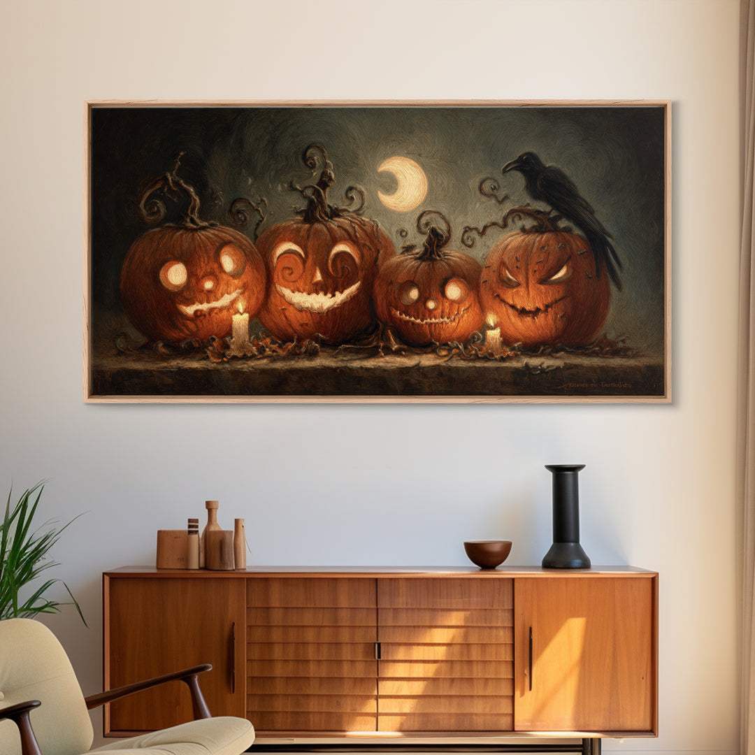 Pumpkins And Moon Phases, Expressionist Nightmare Art, Wide Panoramic Art, Dark Fantasy Wall Art, Framed Canvas Print, Halloween Wall Art