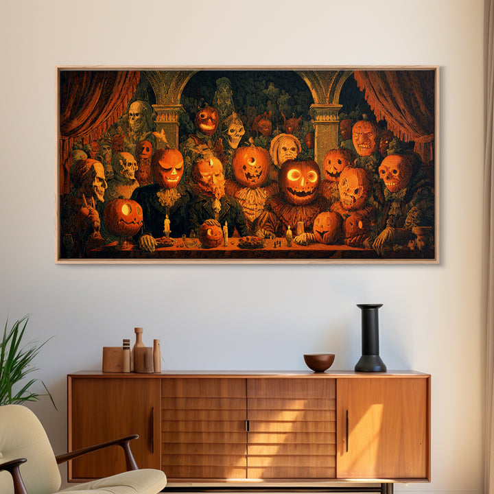 Pumpkins And Moon Phases, Grotesque Carnival Art, Wide Panoramic Art, Dark Fantasy Wall Art, Framed Canvas Print, Halloween Wall Art