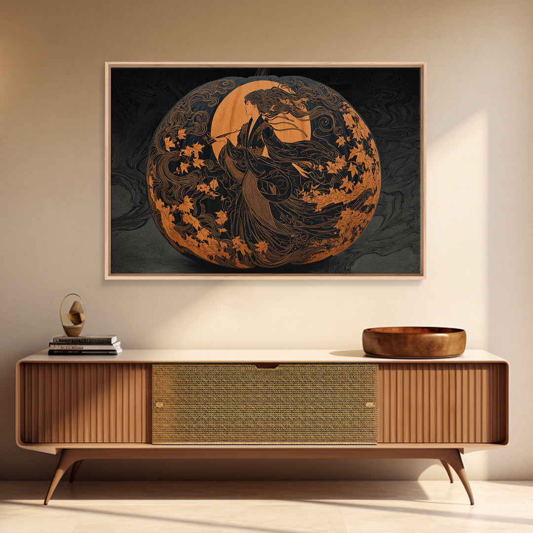 Pumpkins And Moon Phases, Decadent Line Art, Landscape Wall Art, Gothic Horror Wall Art, Canvas Print, Halloween Wall Art