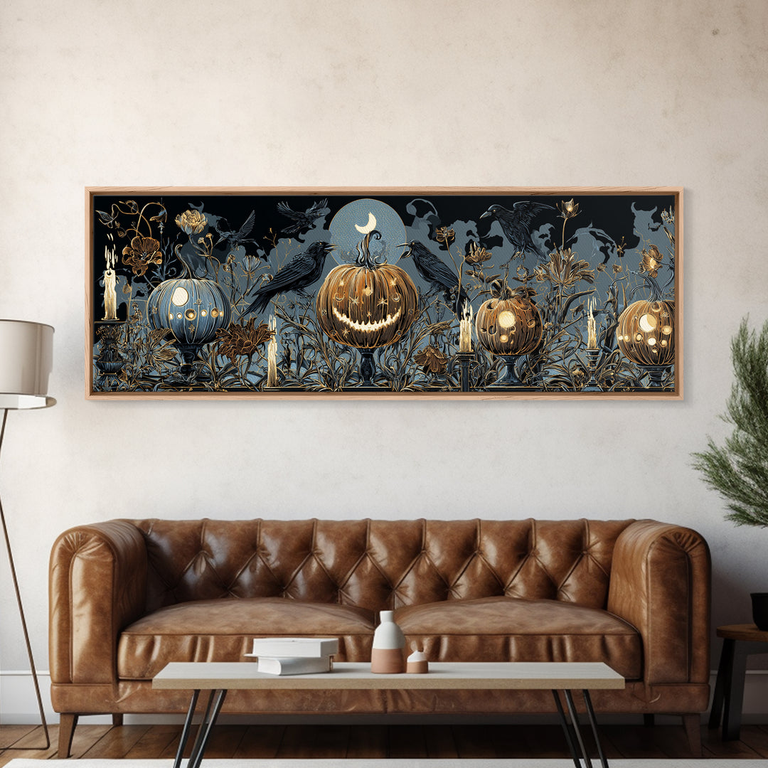 Pumpkins And Moon Phases, Stained Glass Gothic Art, Extra Wide Wall Art, Dark Fantasy Wall Art, Framed Canvas Print, Halloween Wall Art