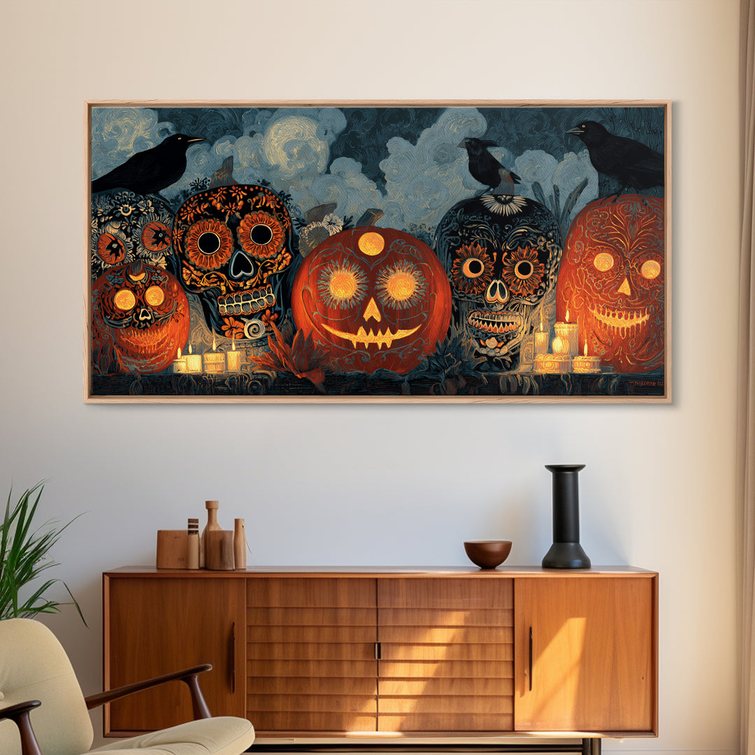 Pumpkins And Moon Phases, Macabre Folk Print Art, Wide Panoramic Art, Dark Fantasy Wall Art, Framed Canvas Print