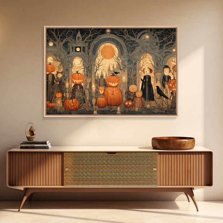 Pumpkins And Moon Phases, Victorian Macabre Art, Landscape Wall Art, Dark Halloween Decor, Framed Canvas Print, Halloween Wall Art