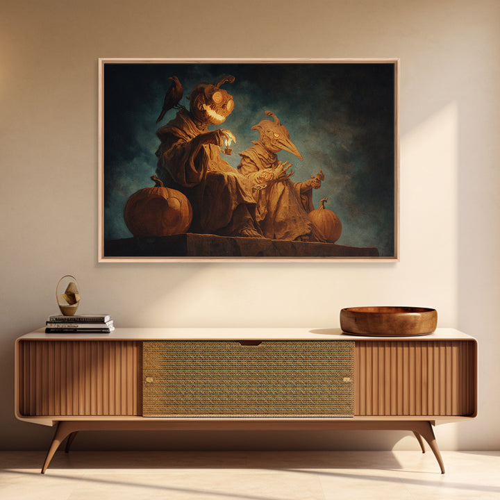 Pumpkins And Moon Phases, Surreal Apocalyptic Art, Landscape Wall Art, Macabre Wall Art, Framed Canvas Print, Halloween Wall Art