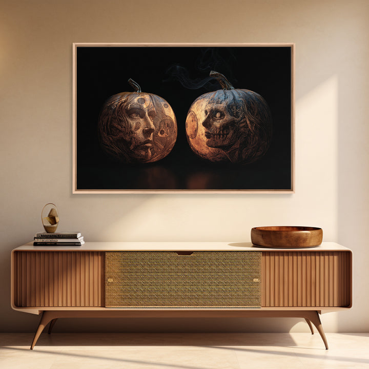 Pumpkins And Moon Phases, Biomechanical Horror Art, Landscape Wall Art, Gothic Horror Wall Art, Framed Canvas Print, Halloween Wall Art