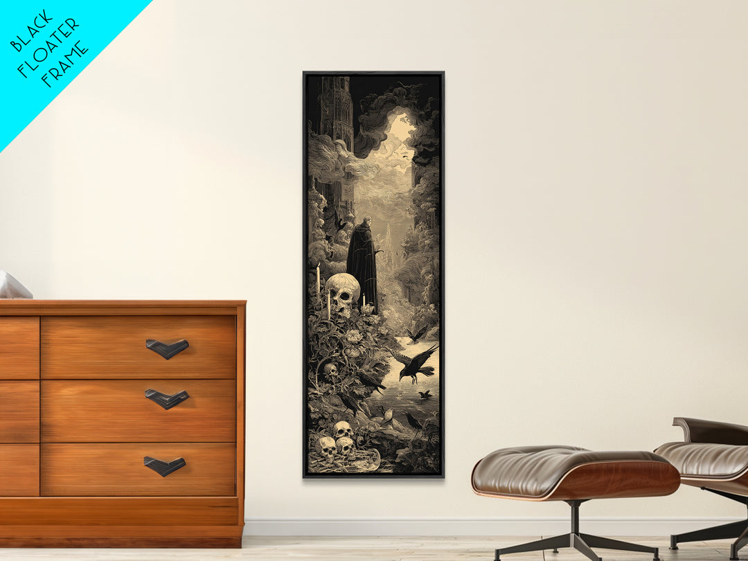 Skeletal Botanicals, Gothic Engraving Art, Tall Narrow Wall Art, Gothic Horror Wall Art, Framed Canvas Print, Halloween Wall Art