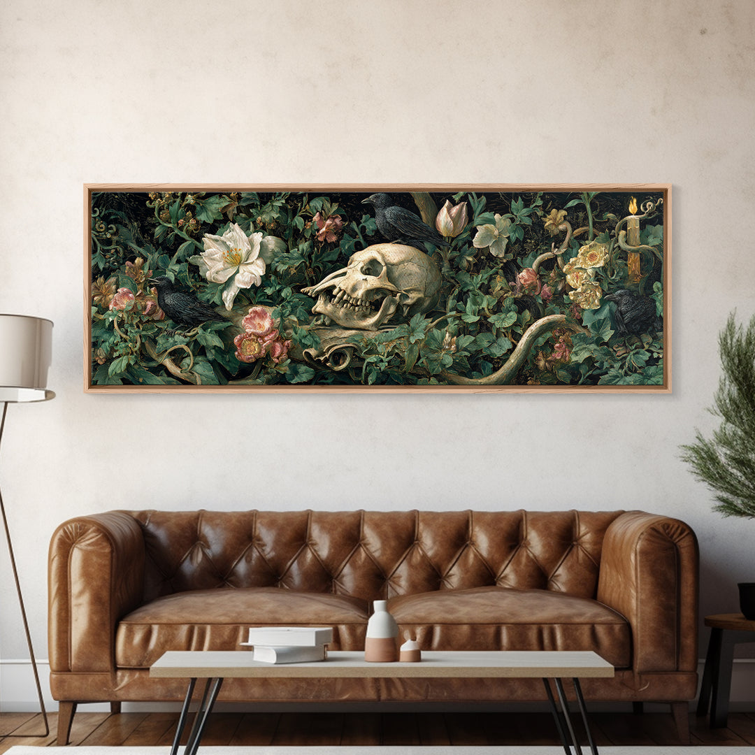 Skeletal Botanicals, Medieval Grotesque Art, Extra Wide Wall Art, Macabre Wall Art, Canvas Print, Halloween Wall Art