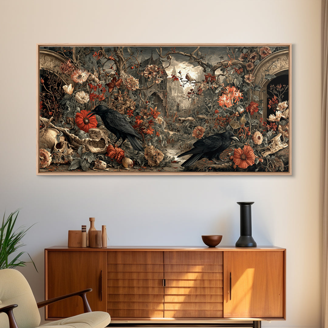 Skeletal Botanicals, Northern Renaissance Horror, Wide Panoramic Art, Dark Fantasy Wall Art, Framed Canvas Print, Macabre Wall Art