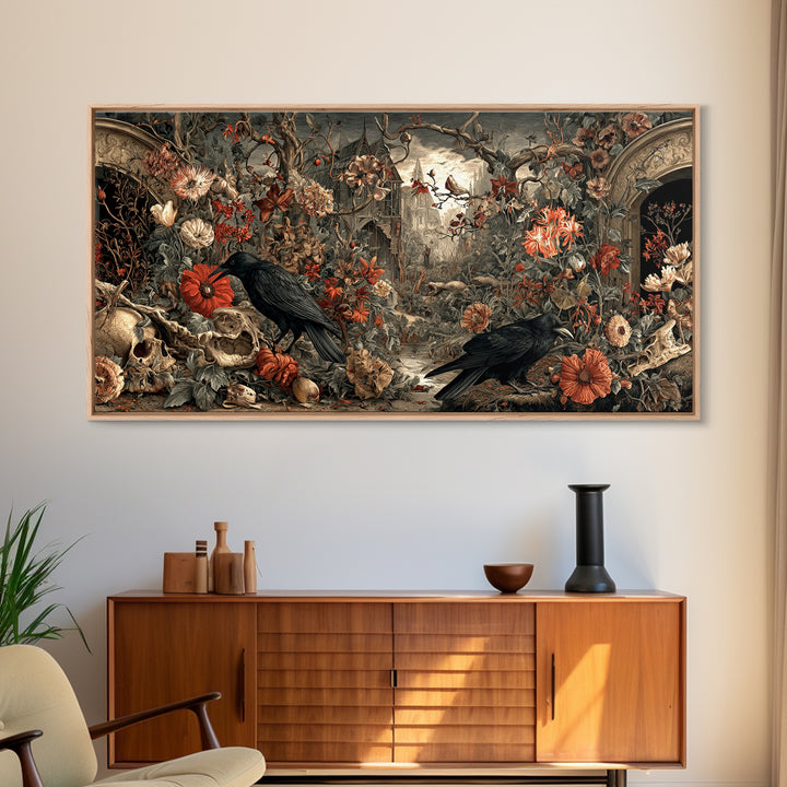 Skeletal Botanicals, Northern Renaissance Horror, Wide Panoramic Art, Dark Fantasy Wall Art, Framed Canvas Print, Macabre Wall Art