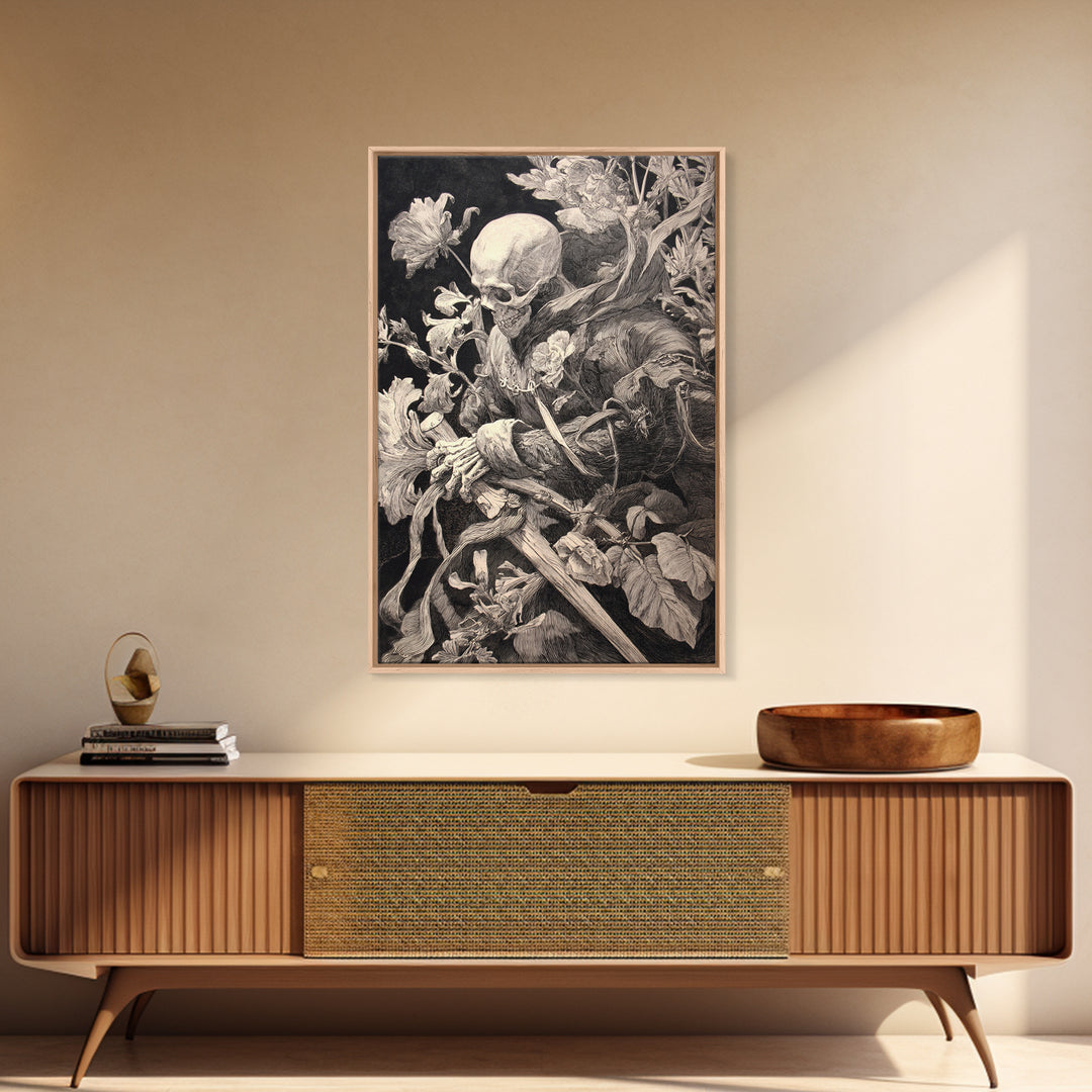 Skeletal Botanicals, Renaissance Engraving Art, Vertical Wall Art, Gothic Horror Wall Art, Canvas Print, Halloween Wall Art