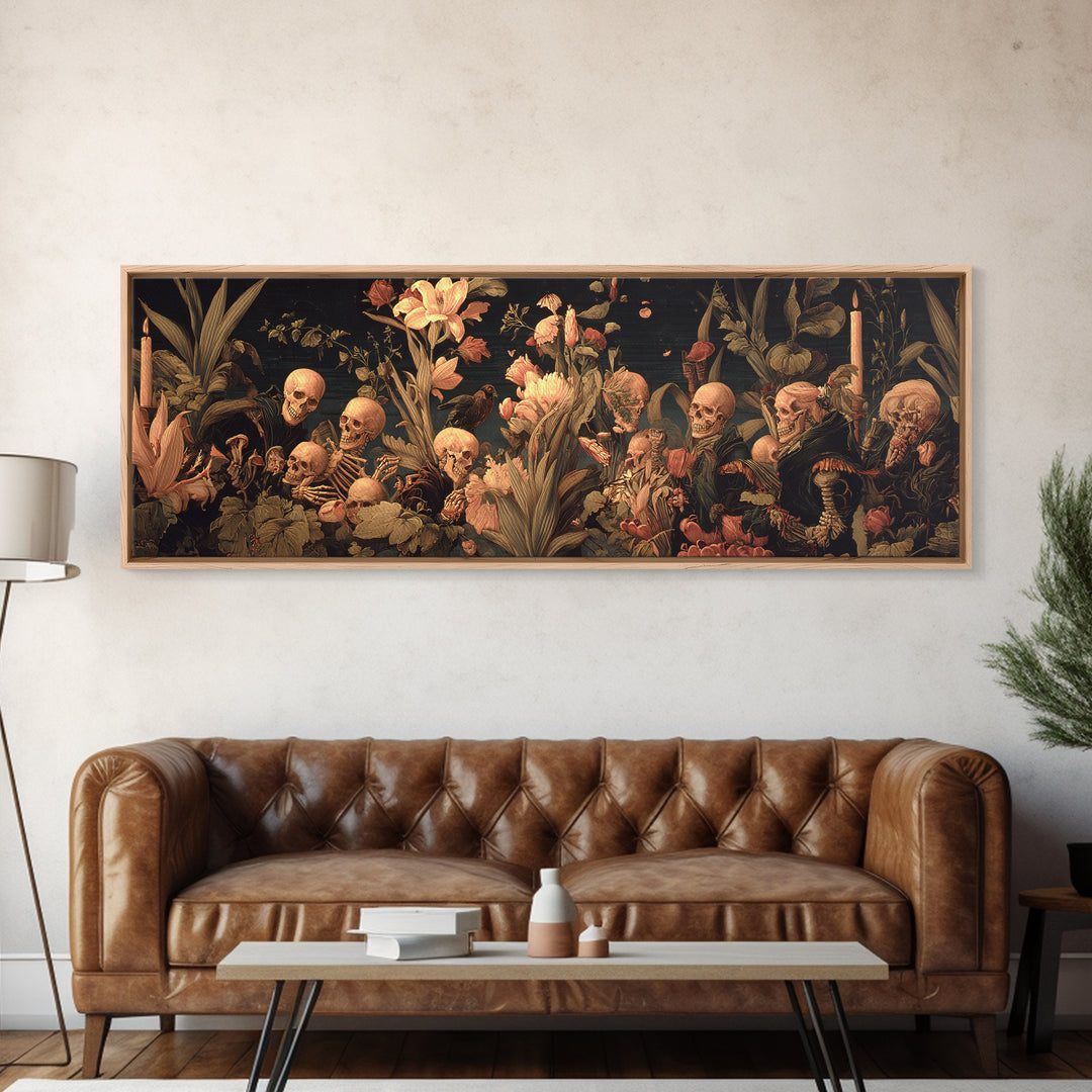 Skeletal Botanicals, Danse Macabre Art, Extra Wide Wall Art, Dark Halloween Decor, Framed Canvas Print
