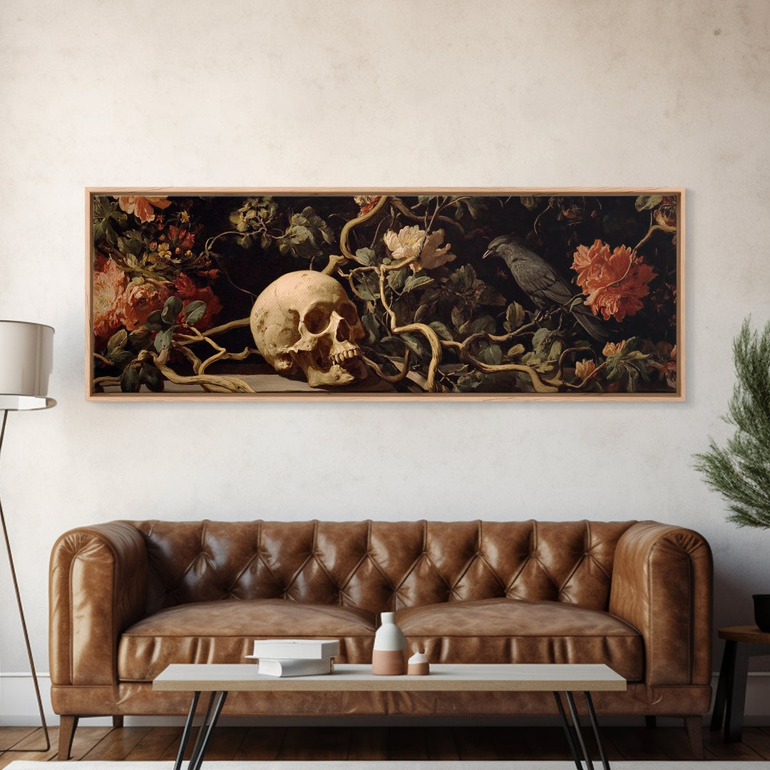 Skeletal Botanicals, Dark Romantic Horror Art, Extra Wide Wall Art, Macabre Wall Art, Framed Canvas Print, Halloween Wall Art