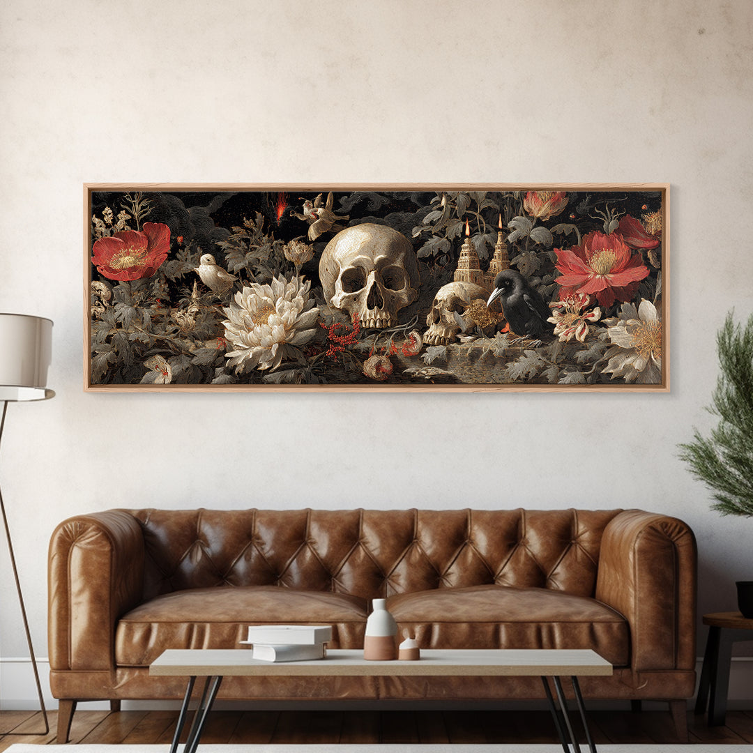 Skeletal Botanicals, Apocalyptic Romantic Art, Extra Wide Wall Art, Macabre Wall Art, Canvas Print, Halloween Wall Art, Halloween Decor