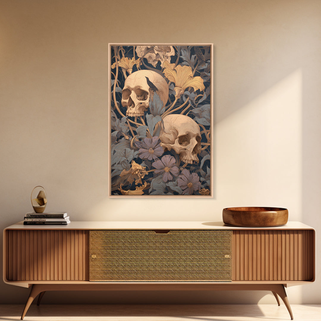 Skeletal Botanicals, Symbolist Death Art, Vertical Wall Art, Dark Fantasy Wall Art, Framed Canvas Print, Halloween Wall Art