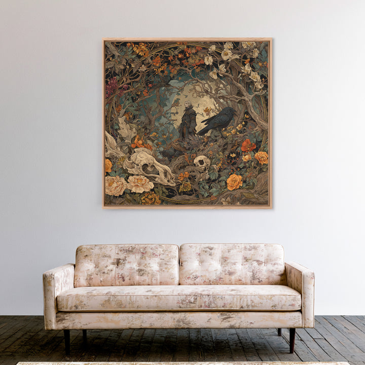 Skeletal Botanicals, Gothic Storybook Art, Square Wall Art, Macabre Wall Art, Framed Canvas Print, Halloween Wall Art