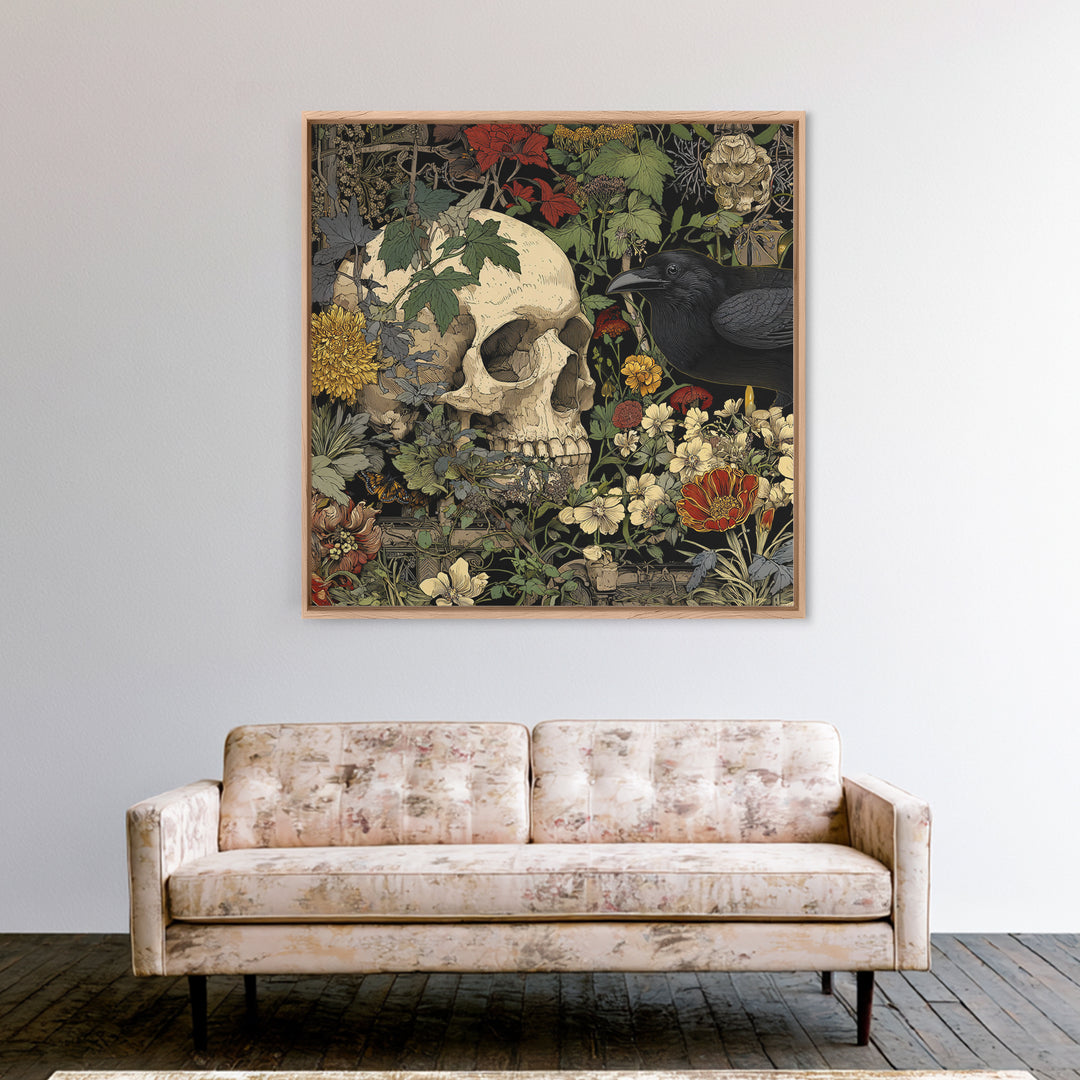 Skeletal Botanicals, Stained Glass Gothic Art, Square Wall Art, Gothic Horror Wall Art, Framed Canvas Print, Halloween Wall Art