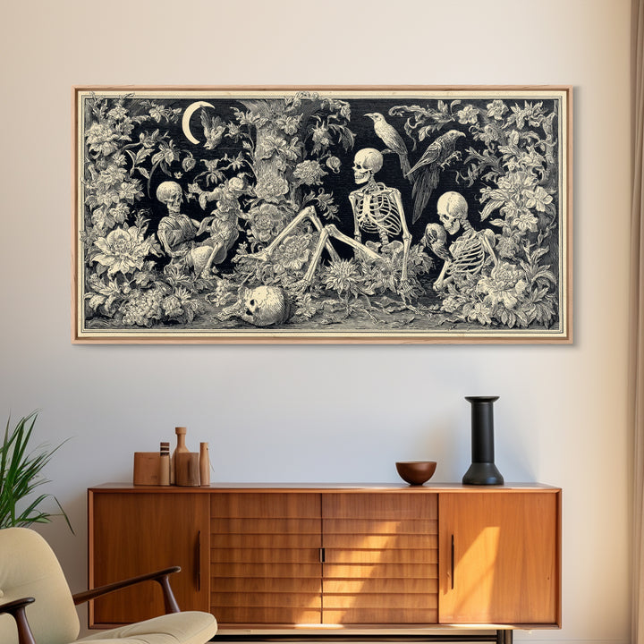Skeletal Botanicals, Macabre Folk Print Art, Wide Panoramic Art, Gothic Horror Wall Art, Framed Canvas Print, Halloween Wall Art